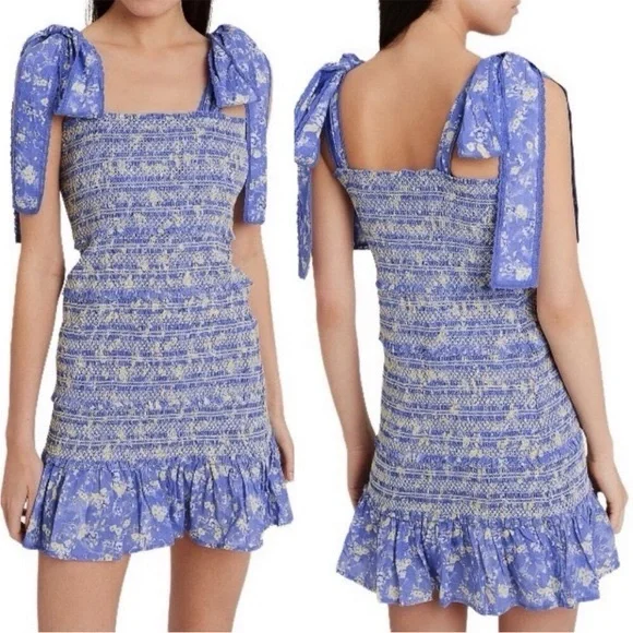 NWOT LoveShackFancy Belle‎ Blue smocked tie straps  Dress - Picture 3 of 12